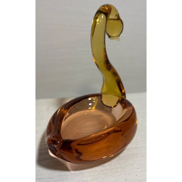 Vintage Art Glass Amber Yellow Bohemia Crystal Swan Trinket Dish 4.5” Tall - Picture 2 of 9